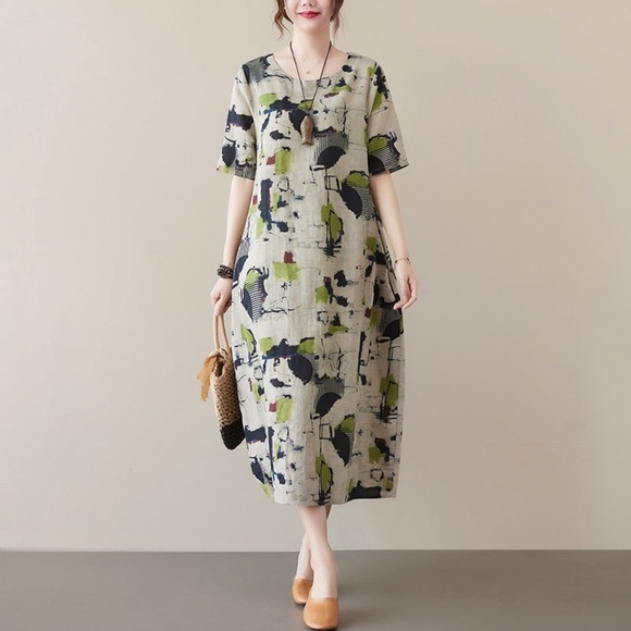 NWT-Linen Crew Neck Short Sleeve Dress w/ pockets - Picture 4 of 10